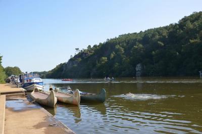 canoes, bateau, riviere, colline, arbres, nageurs