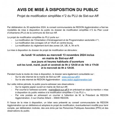 PLU Sixt - avis mise à disposition du public