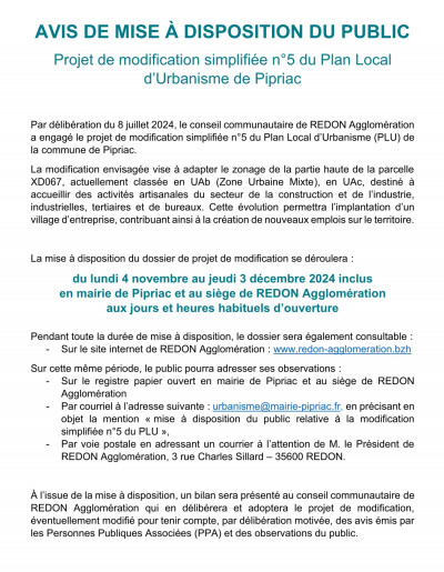 PLU Pipriac - avis mise à disposition du public (2024-10)