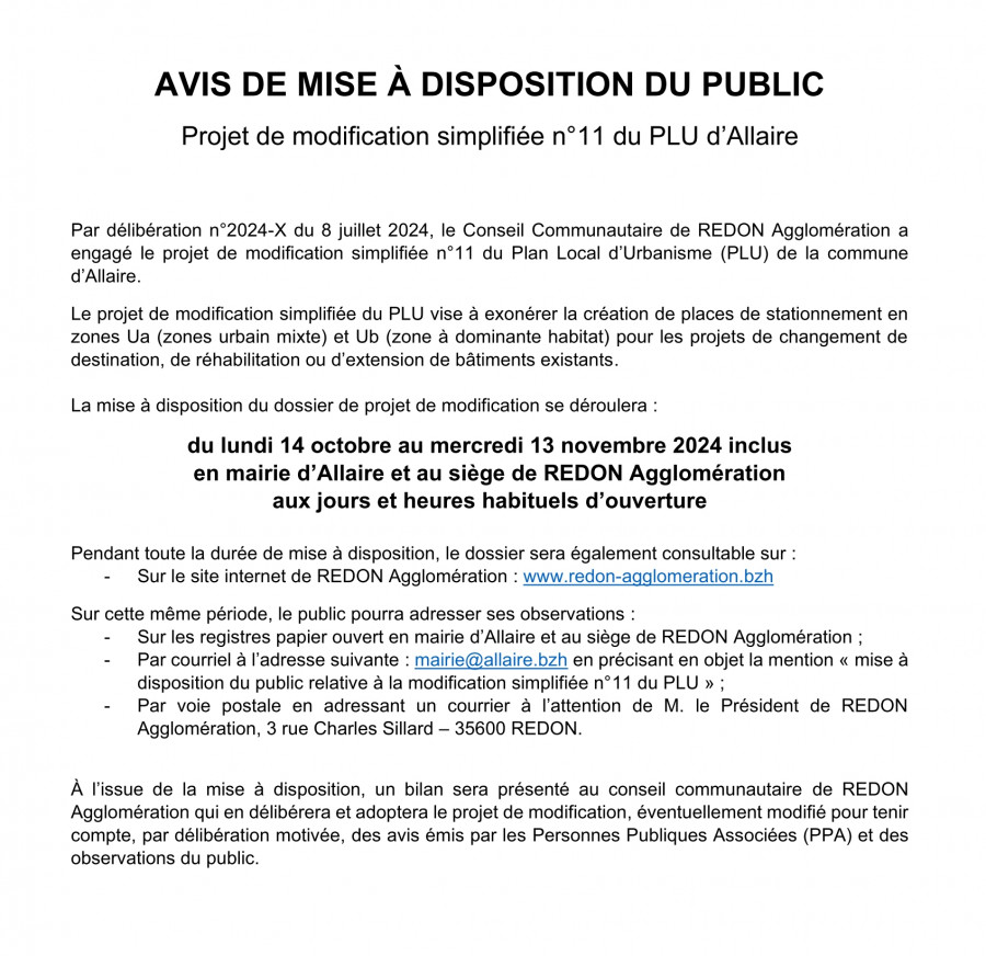 PLU Allaire / avis mise a dispo public