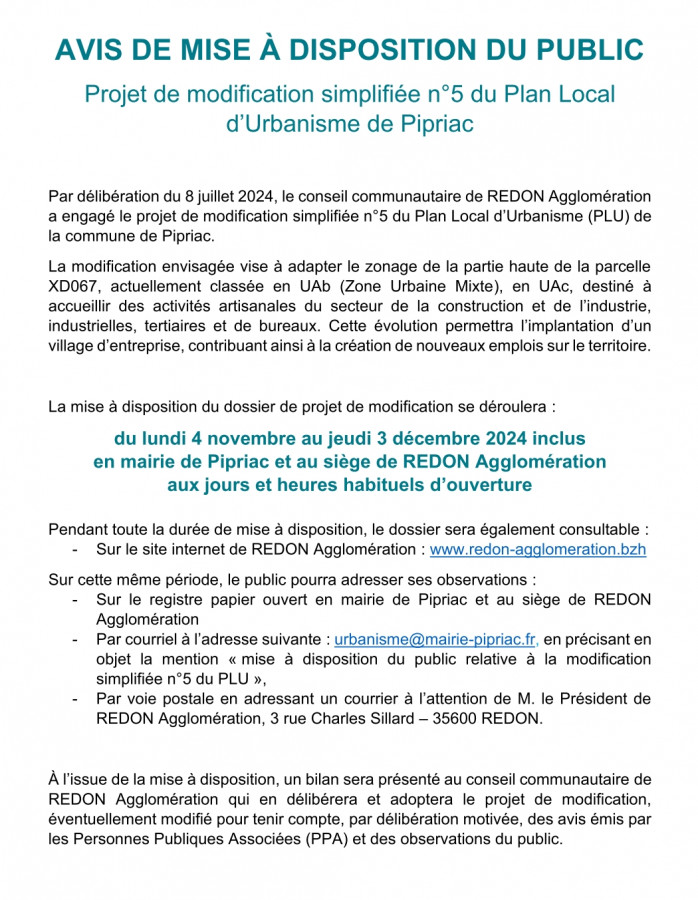 PLU Pipriac - avis mise à disposition du public (2024-10)