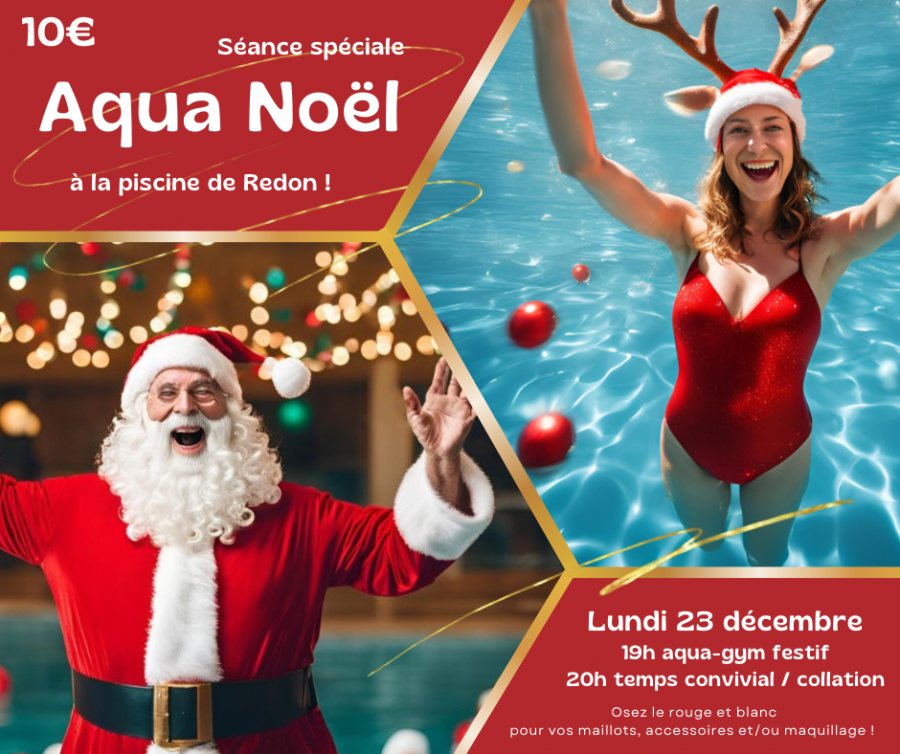 Père Noël devant une piscine décorée, nageuse déguisée aux couleurs de Noël